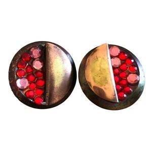 Artisian Brass clip on earrings 1980's Red Pink Rhinestone statement jewelry